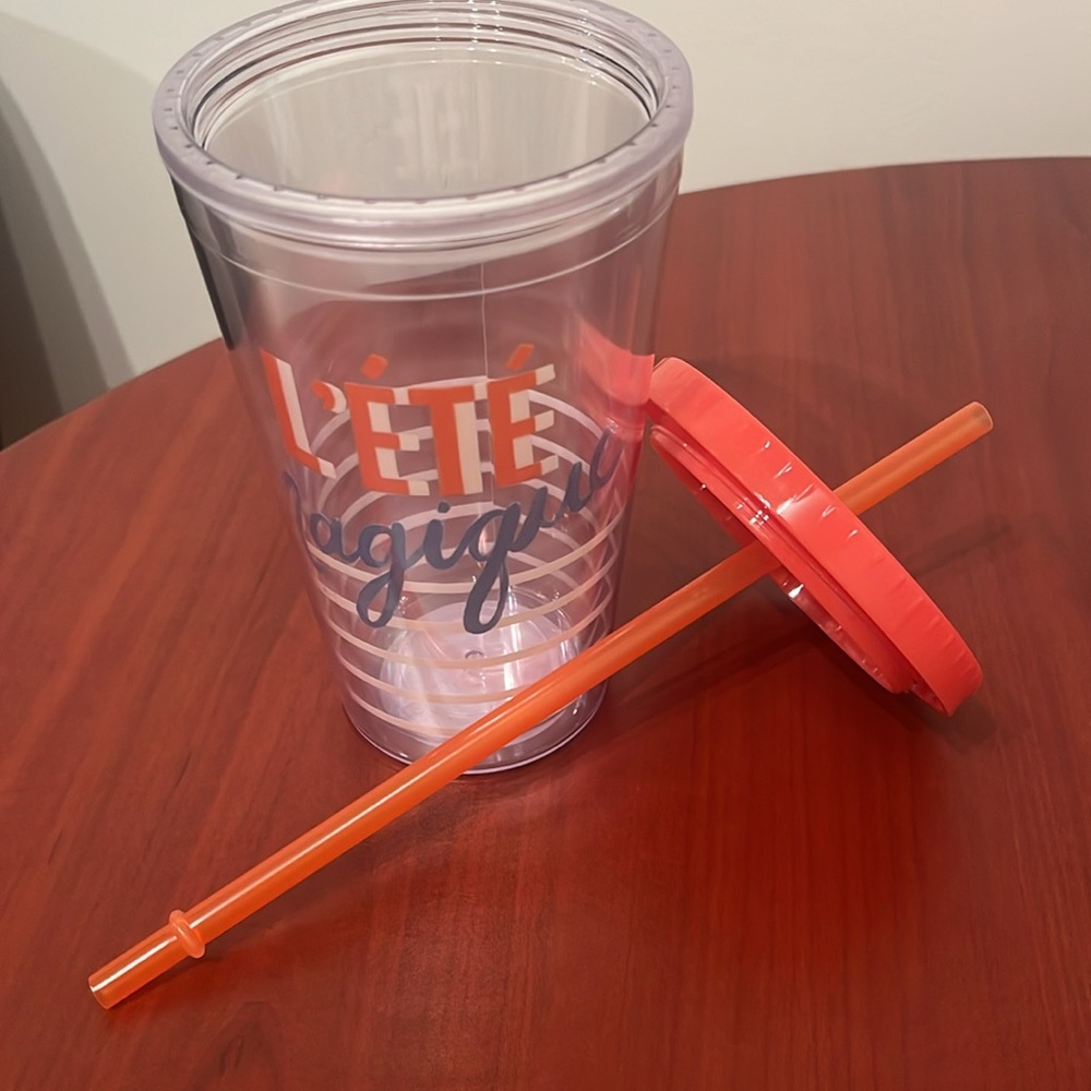L’ETE MAGIQUE Clear RedOrange WhiteBlue Print Tumbler Cup Reusable Straw NWT $12